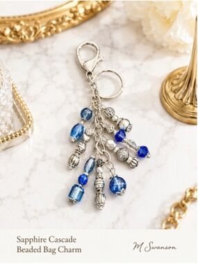 NEW Sapphire Cascade Crystal Beaded Bag Charm Keychain Handmade Unique NWT (#10)